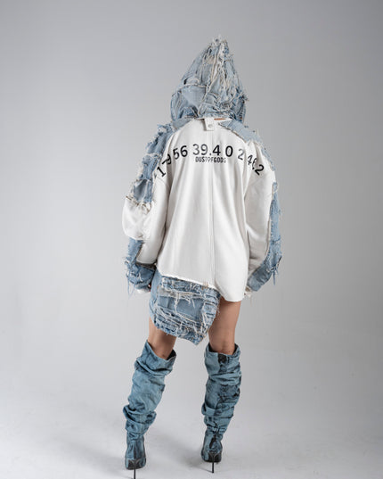 Deconstructed Denim White Hoodie