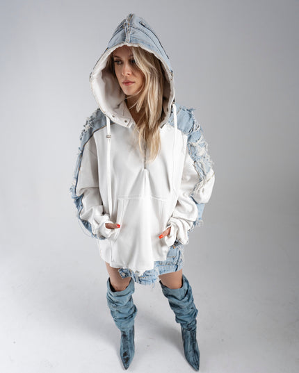 Deconstructed Denim White Hoodie