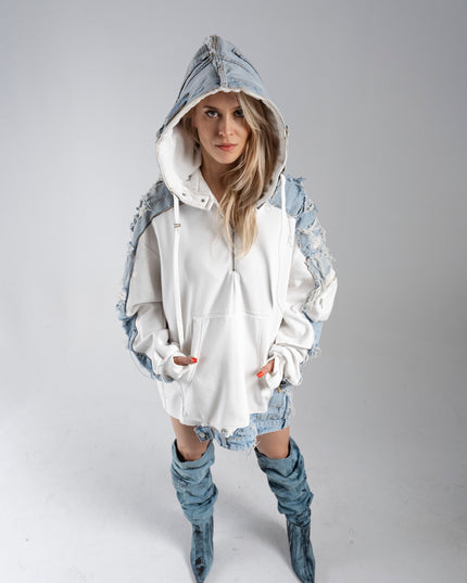 Deconstructed Denim White Hoodie