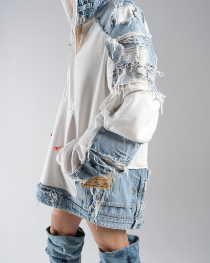 Deconstructed Denim White Hoodie