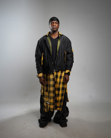 Extended Black & Yellow Plaid Bomber Jacket