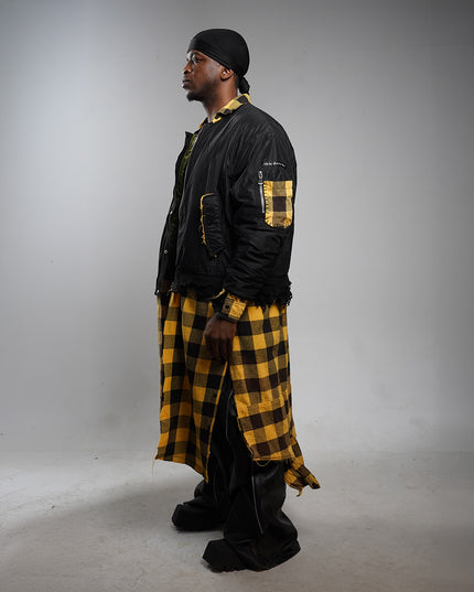 Extended Black & Yellow Plaid Bomber Jacket
