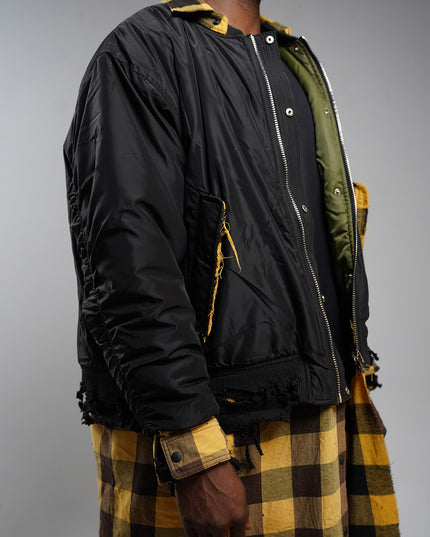 Extended Black & Yellow Plaid Bomber Jacket