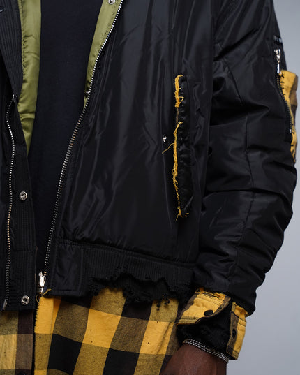 Extended Black & Yellow Plaid Bomber Jacket