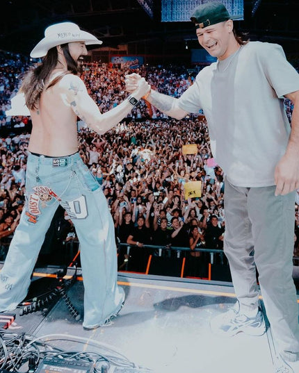 Steve Aioki in Dusted Denim Patchwork Pants